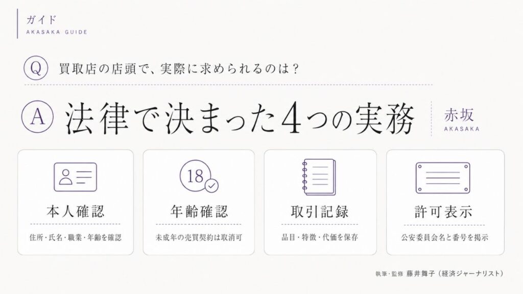 赤坂のブランド買取で店頭に求められる4つの実務（本人確認・年齢確認・取引記録・古物商許可の表示）を古物営業法の観点から整理したインフォグラフィック