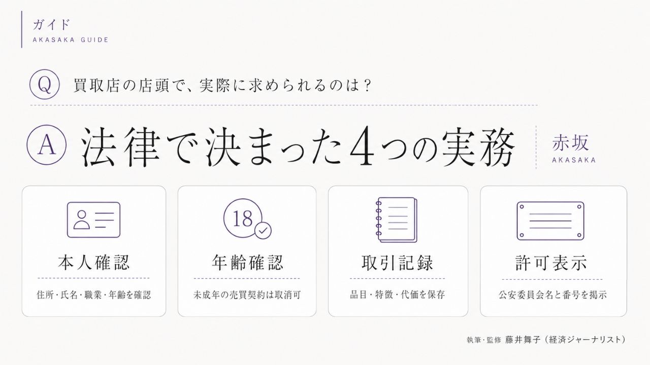 赤坂のブランド買取で店頭に求められる4つの実務（本人確認・年齢確認・取引記録・古物商許可の表示）を古物営業法の観点から整理したインフォグラフィック