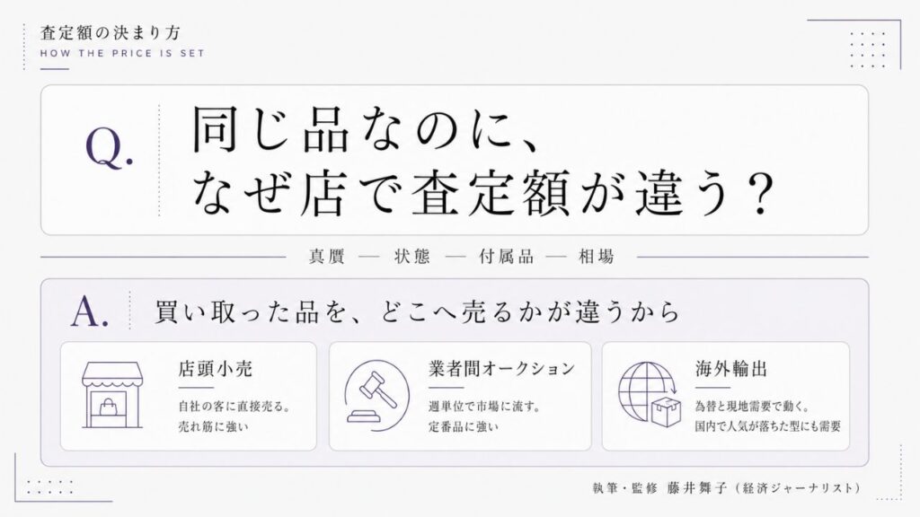 ブランド品の査定額が決まる真贋・状態・付属品・相場の4層と、店頭小売・業者間オークション・海外輸出という3つの販路の違いを図解したインフォグラフィック