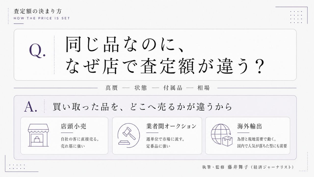 ブランド品の査定額が決まる真贋・状態・付属品・相場の4層と、店頭小売・業者間オークション・海外輸出という3つの販路の違いを図解したインフォグラフィック