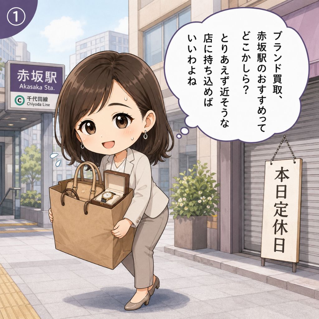 ブランド買取 赤坂駅のよくある誤解。「近そうな店に持ち込めばいい」と重い紙袋を抱えて駅前を歩く会社員女性の場面。奥では店舗のドアに「本日定休日」の札が下がる。持ち込み前提の判断が失敗を招く1コマ目。