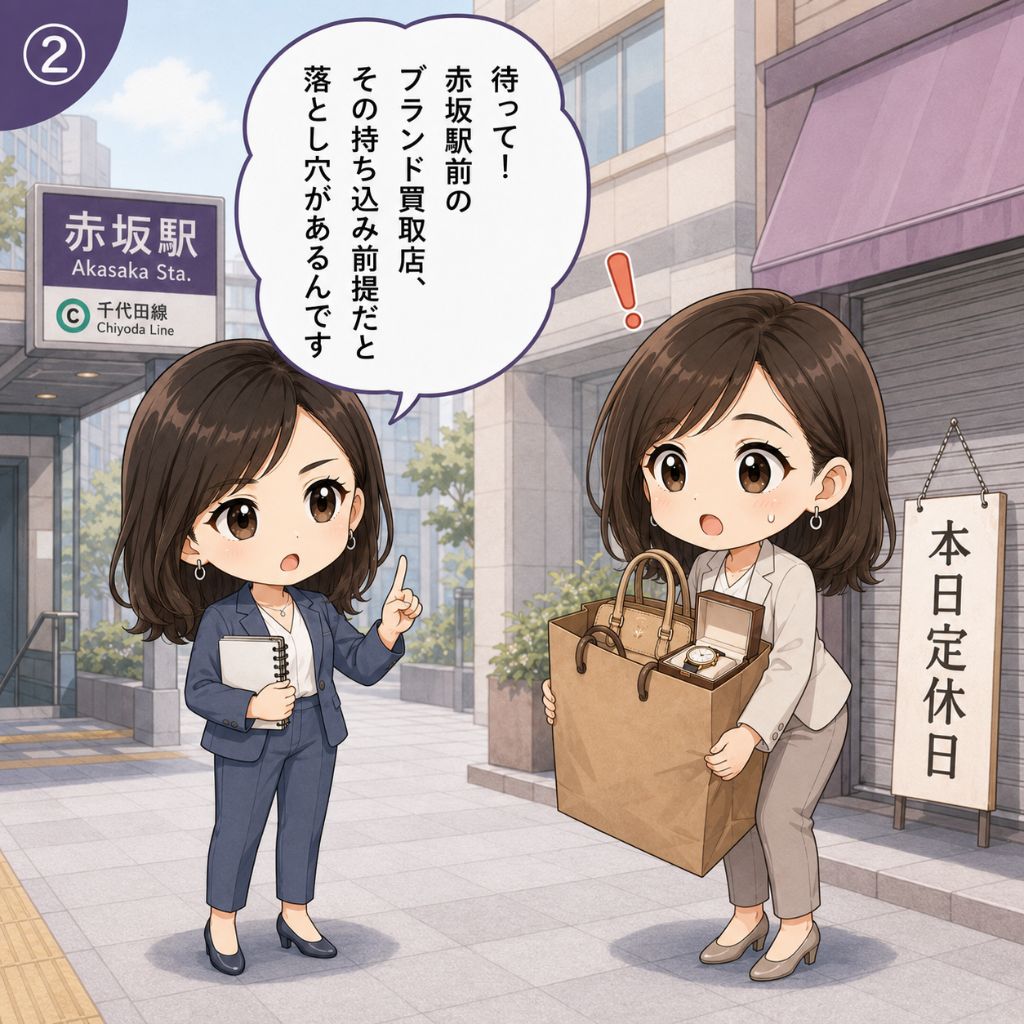 ブランド買取 赤坂駅の落とし穴。持ち込む方向へ歩き出した会社員女性を、経済ジャーナリストの藤井舞子が呼び止め注意を促す場面。持ち込み前提だと定休日や売り方の選択で失敗するリスクを警告する2コマ目。