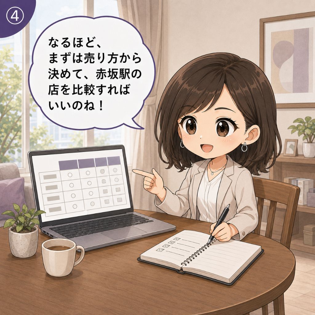 ブランド買取 赤坂 おすすめの選び方の始め方。自宅で会社員女性がノートPCで比較表を確認し、手帳にチェックリストをまとめる場面。売り方から決めて赤坂駅周辺の店を比較する行動に踏み出す4コマ目。